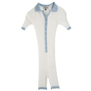 Aya Muse Ribbed Knit Romper White Blue Viscose Blend XS